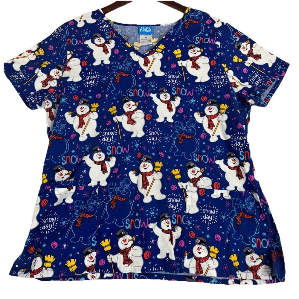 Frosty The Snowman Snow Day Scrub Top Womens Medium Blue Christmas Nurse